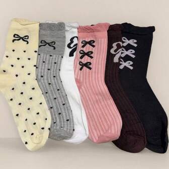 6 pares de calcetines de tripulación con lazo y letra, transpirables, de poliéster, de estilo callejero, para mujer, para primavera y otoño