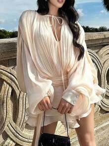 Women's Elegant Satin Silk Ruffle Flowy Mini Dress Y2k Long Lantern Sleeve Tie-Up Front Pleated Dress High Waist Spliced Short Dress Club Cocktail Party Outfits Streetwear - 杏色 - 查看 3