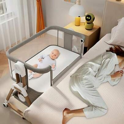 Baby Bassinet Bedside Sleeper With Mattress 6-Level Height Adjustable Co Sleeper Bassinet Rocking Baby Crib With Mosquito Net 360° Wheels And Storage Basket Premium Linen And Metal Frame