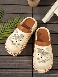 1双女士露趾凉鞋，链条和水钻独角兽字母装饰，二合一拖鞋凉鞋，米色EVA材质，舒适厚底坡跟，适合日常休闲穿着及室内/室外场合。 - 米色 - 查看 2