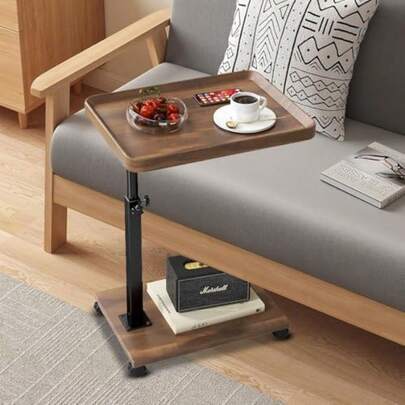 C Table End Table Adjustable Height With Wheel 360°Swivel TV Tray Table For Small Spaces Couch Tables That Slide Under Walnut Brown