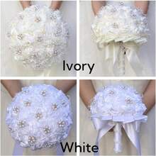 zxr Ramo de boda de marfil hecho a mano con cinta de perlas de diamantes de imitación ramo de flores de satén para novia dama de honor ramo de quinceañera boda marfil de 8.7 pulgadas125 - Marfil - Ver 6