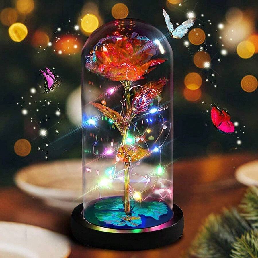 zxr Cúpula de Cristal con Rosa encantada para Siempre diseño de Rosa Flower de lámina Oro 24 Quilates con Luces LED romántico Regalo para Novia San Valentín Navidad Rojo125 - Rojo - Ver 1