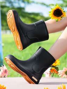 1 Pair Women's Short Rain Boots, Outdoor Work Fashion Shoes, Anti-Slip And Durable Rain Boots - Brown Base Black - View 6