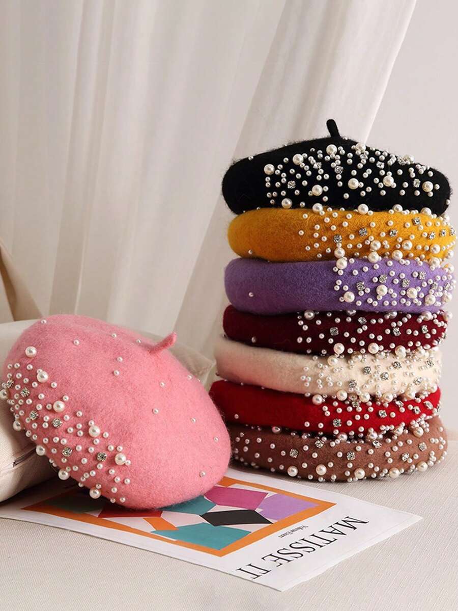 1pc Y2K Style Pearl And Rhinestone Beret Hat For Men And Women,Outdoor Cold Protection Casual Multi-Purpose Winter Warmth, Suitable For Daily Commuting Or Give Gifts - Pink - View 1