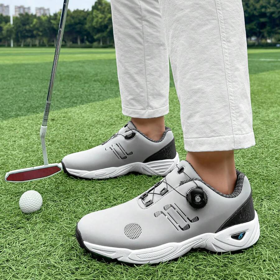 男女通用专业高尔夫球鞋 - 四季皆宜鞋底，EVA鞋底和超细纤维合成鞋面，适合高尔夫、徒步、训练 - 白色鞋身搭配蓝色点缀，高尔夫球鞋、徒步鞋，时尚运动设计，经久耐穿的运动服 - 灰色 - 查看 1