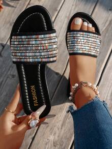 Women's Bohemian Beach Holiday Sandals, Fashionable Casual Comfortable Slip-On Sandals, Women's Summer Slip-On Flat Sandals - Black - View 11