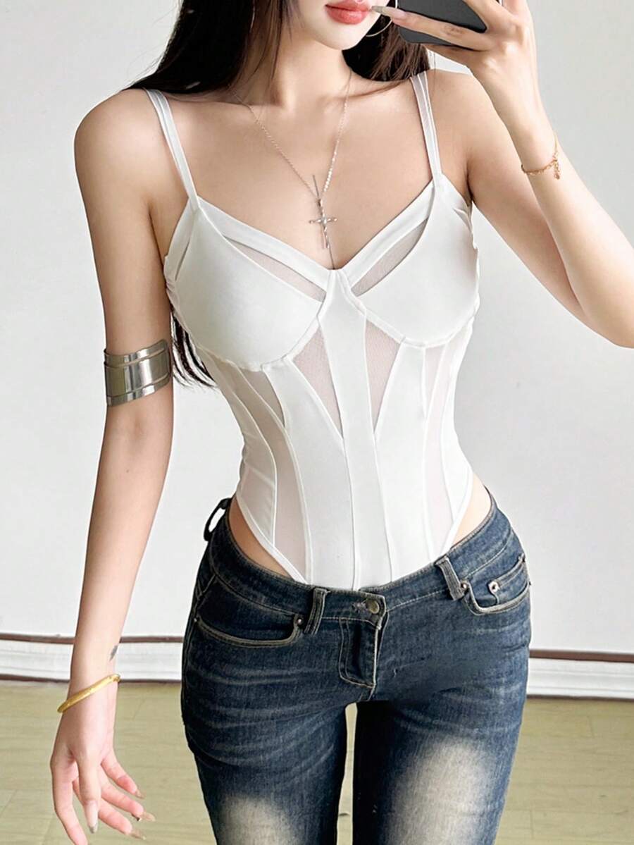 Dazzle Top Solid Color Sexy V-Neck Mesh Patchwork Bodysuit, Slim Fit