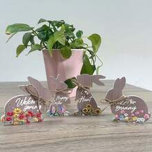 Bandeja escalonada de madera con diseño floral de conejo y letras de 4 piezas para decoración de mesa de Pascua - Multicolor - Ver 3