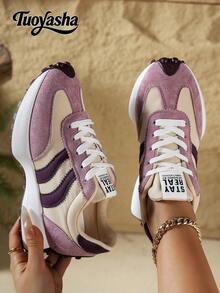 Women's Low-Top Platform Sneakers, Lace-Up Round Toe, Casual Style, Shock-Absorbing Rubber Sole, All-Season, Faux Leather & Fabric Upper, Suitable For Jeans, Dresses And Office Wear - Purple - View 1