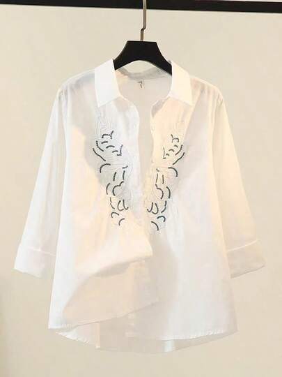 Áo sơ mi nữ tay dài màu trơn thêu họa tiết, kiểu dáng thường ngày, màu trắng, thích hợp cho mùa xuân/thu.