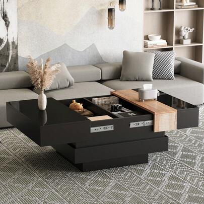 Square Coffee Table, 70 X 70 X 39 Cm, Extendable, With Concealed Storage, Color Block Design, Glossy Side Table, Black, MDF