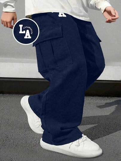 1件装 男童纯色简约休闲舒适户外运动直筒裤