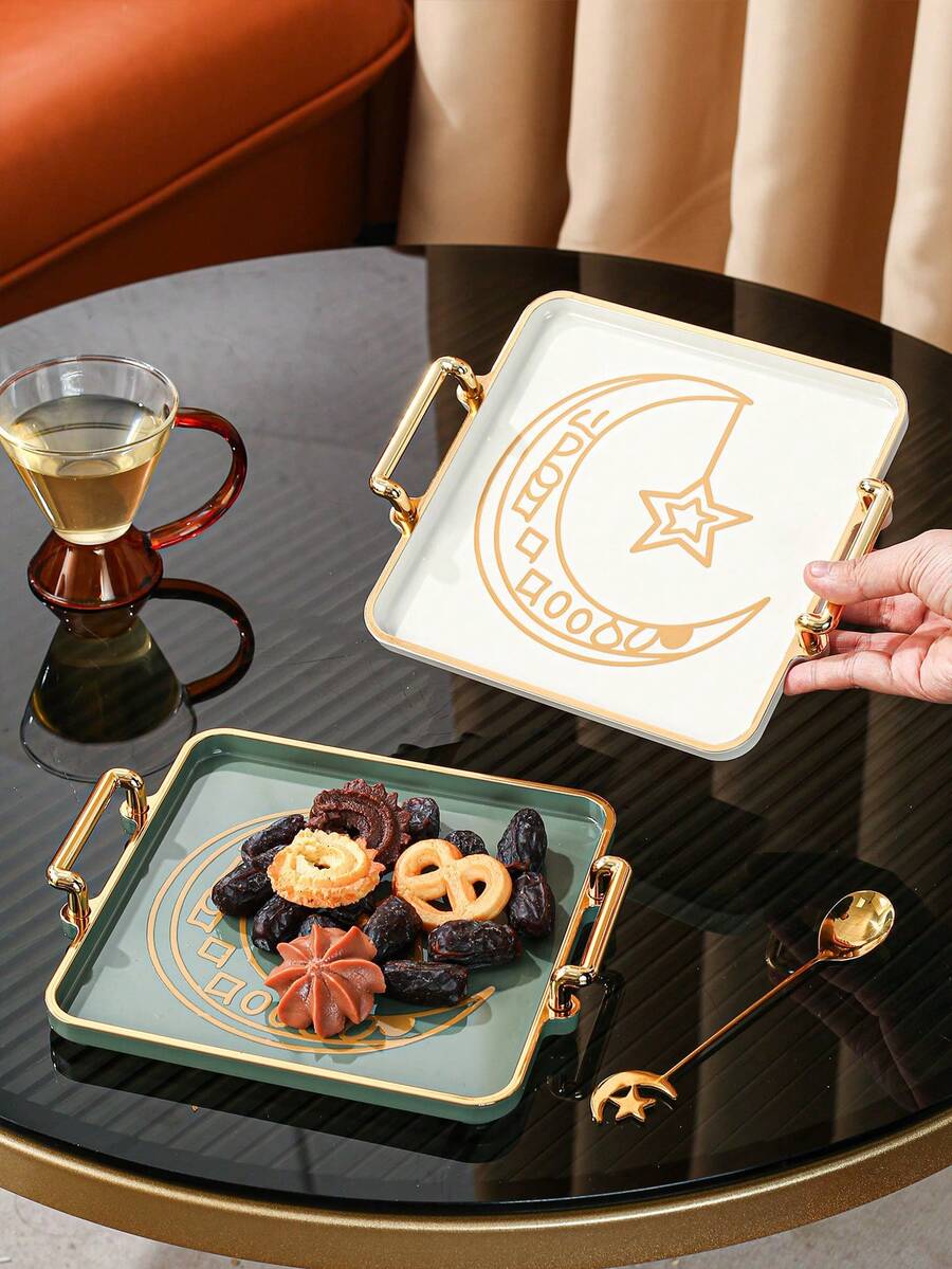 1 Peça Conjunto de Bandeja de Plástico com Estrela e Lua do Ramadã para Armazenamento e Organização de Alimentos, Bandeja Multiuso para Cozinha, Sala de Jantar, Sala de Estar, Adequada para Jogos de Chá, Utensílios de Vidro, Doces, Biscoitos, Pães, Casamentos, Festas, Presentes, Aniversários