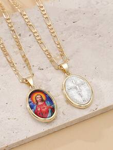 1件双面14K镀金浮雕吊坠项链，圣本笃、圣犹达、耶稣十字架吊坠，适合日常佩戴，基督教宗教饰品，奢华礼品 - 金色 - 查看 2