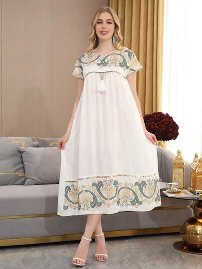 ASBB 2026 New Style Ramadan Traditional Elegant Embroidered Sequin Decorated Colorful Abaya Dress With Tassel Sash, Short Sleeve Round Neck Dress Spring
