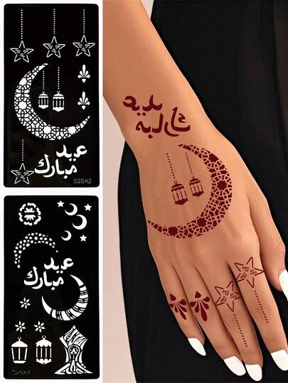 2 Sheets Temporary Tattoo Henna Stencils, Reusable Moon Stars Design Body Art Templates For Women Body Makeup Mehndi Designs Painting Tools