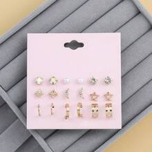 9对合金水晶珍珠月亮星星U形耳环套装，优雅独特设计，女士耳环 - 彩色 - 查看 6