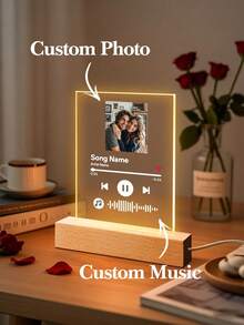 1pc Custom Music LED Night Light, Custom LED Music Plaque, Personalized Led Lamp With Picture And Wooden Base, Personalized Song Acrylic Plaque, Custom Picture Song Lamp, Music Photo Plaque Gift, Light Up Music Plaque, Valentines Gift, Couple Gift, First Wedding Anniversary Gift - Classic - Base B (Warm Light) - View 3