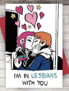 1pc, Unique Valentine's Day Card. LGBTQ Valentine's Card. Adult Valentine's Card. Includes Envelope. Premium Paper. Cartoon Girl Kissing Design. Love Card For LGBTQ. - Multicolor - View 5