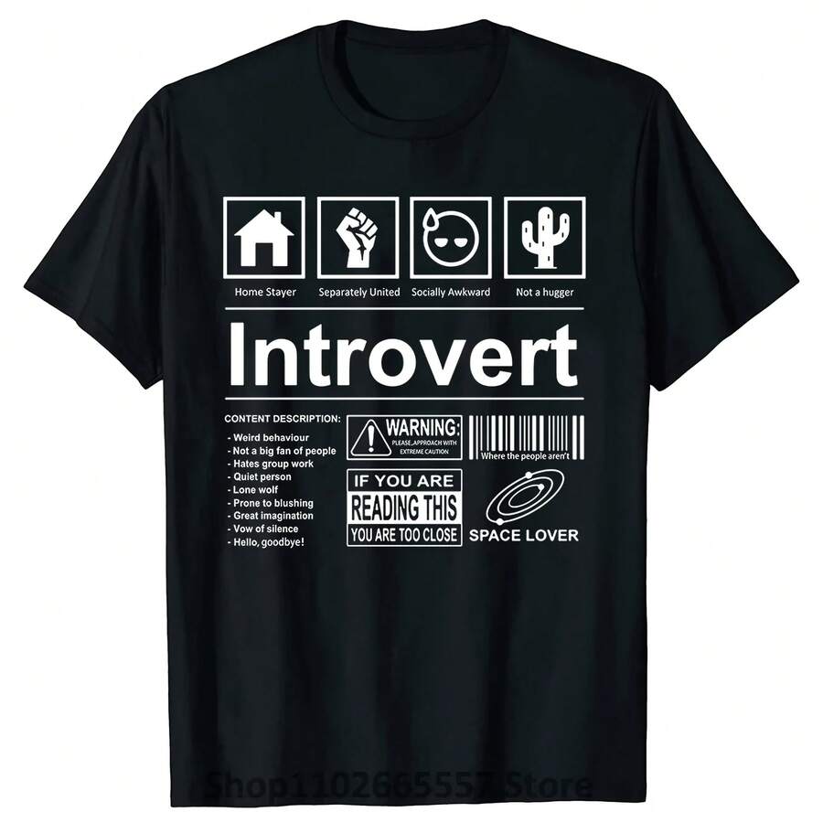 Camiseta con el logo de introvertido, divertida, humorística, de chiste, de verano, de algodón, con frases humorísticas, para regalar en Navidad. - Negro - Ver 1