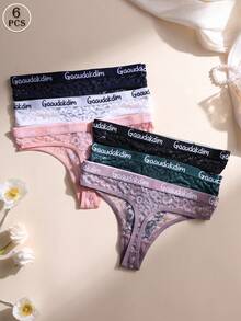 6 PCS Women's Sexy Lace Thong Low Waist Seamless Panties Letter Belt Briefs Comfortable And Breathable Lingerie Underwear - Multicolor - View 3
