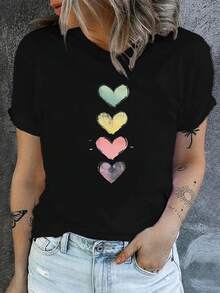 Camiseta de cuello redondo con estampado de gradiente de corazones, camiseta casual de manga corta para primavera y verano, ropa de mujer - Negro - Ver 1