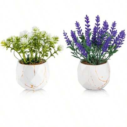 Artificial Plants And Succulents In 2 White Ceramic PotsSmall Fake Plants Lavender And Wild Flower For Office And Bathroom Decor Desk Bedroom Shelves