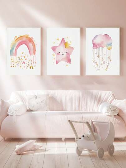 1幅帆布墙画，适合女宝宝房间墙面装饰。粉色腮红，云朵和彩虹图案。女孩房装饰。波西米亚风格婴儿房装饰画。婴儿房配件。带框婴儿房墙画。非常适合儿童房装饰、游戏室装饰、儿童房装饰、托儿所装饰、幼儿园装饰。女孩卧室装饰。男孩卧室装饰。