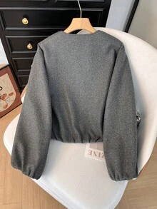GMFP 女款夏秋休閒優雅時尚寬鬆灰色韓系圓領拉鍊短款羊毛外套，適合日、度假、返校、世界盃 - 灰色 - 查看 4