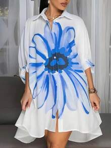 Plus Size Women Ink Painting Print Shoulder Sleeve Loose Fit Open Front Button Collar Shirt, Casual, Holiday, Home Wear, Spring/Summer - White - View 1