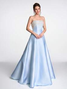 Anymoon 女士高腰长款晚礼服，胸部饰有仿珍珠水钻滚边，适合婚礼、春季派对等场合。 - 淺藍色 - 查看 1
