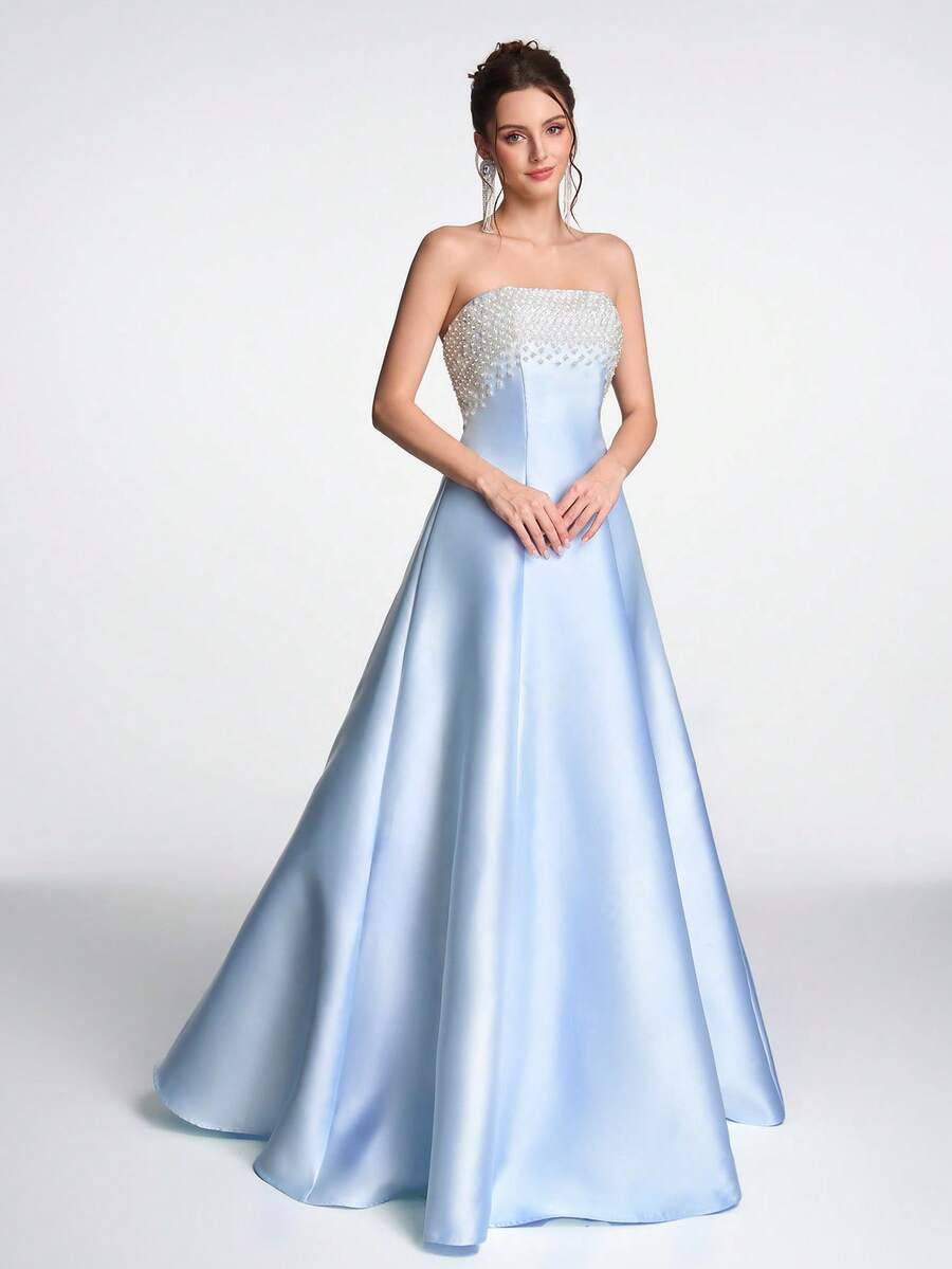 Anymoon 女士高腰长款晚礼服，胸部饰有仿珍珠水钻滚边，适合婚礼、春季派对等场合。 - 淺藍色 - 查看 1