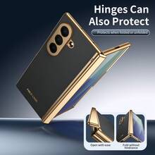 VIETAO 電鍍材質人造皮革全包覆保護手機殼，適用於 Galaxy Z Fold 7 6 5 4 8 Ultra Fold7 Fold6 Fold5 Fold4，附鋼化玻璃螢幕保護膜手機殼 - 黑色 - 查看 4