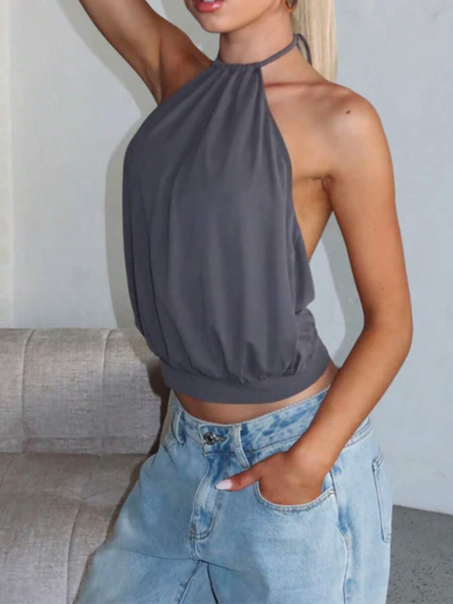 Women Halter Neck Cami Tops Solid Color Open Back Sleeveless Crop Shirts  Summer Streetwear - Dark Grey - View 1