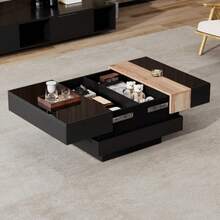 Square Living Room Table 70 X 70 X 39 Cm, Extendable Coffee Table With Hidden Storage, Tea Table With Color Block Design, High Gloss Living Room Side Table, Black, MDF - Hitam - View 5