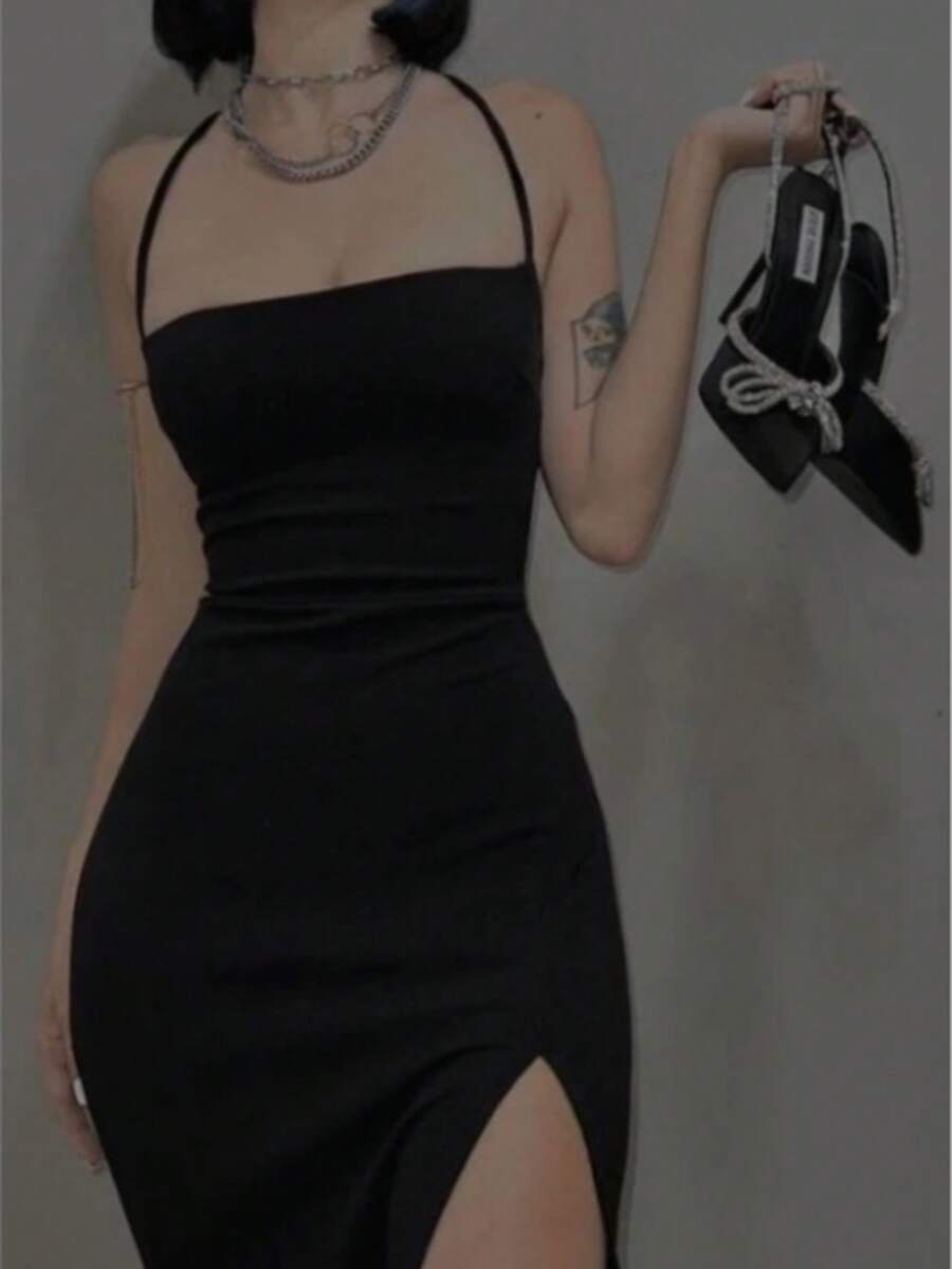 Elegant, Preppy-Style Suplex Dress With A Push-Up Effect And Lace-Up Back. - 黑色 - 查看 1