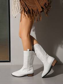 Fall/Winter 2025 New Women's Embroidered Leather White Western Boots, Pointed Toe Thick Heel High Heel Sleeve Mid-Calf Boots, Outdoor Leisure Fashion Boots,Cowboy Boots - White - View 7