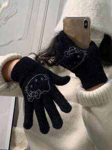 SANRIO 1 件 Hello Kitty 水钻针织手套，可爱卡通设计，冬季保暖防风，灵活方便，适合驾驶、办公室使用 - 彩色 - 查看 8