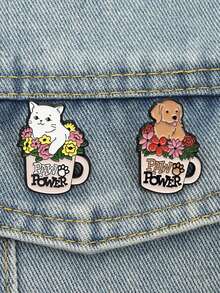 QIHOO 2pcs Animal Flowerpot Enamel Needle Cute Cat And Dog Brooch Lapel Badge Jewelry Gift For Friends