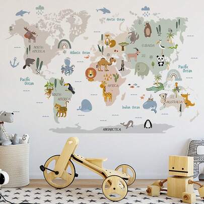 2 Packs Animal World Map Wall Stickers For Bedroom And Living Room Decor Self-Adhesive PVC Removable Decals