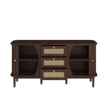Sideboard, Rattan Chest Of Drawers, Chest Of Drawers With Sliding Doors, Adjustable Shelves, Curved Top - Natural Color - View 8