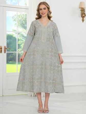 2026新款斋月传统优雅刺绣金珠V领七分袖女式连衣裙