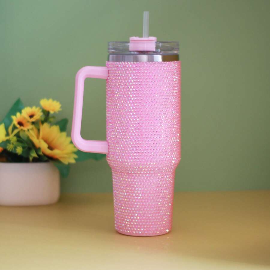 40oz Diamond-Studded Tumbler With Handle & Straw – Double-Wall Insulated Stainless Steel Water Bottle, Travel Mug For Women, Leakproof, Multi-Color/Texture, Gift For Home, Kitchen, Wedding