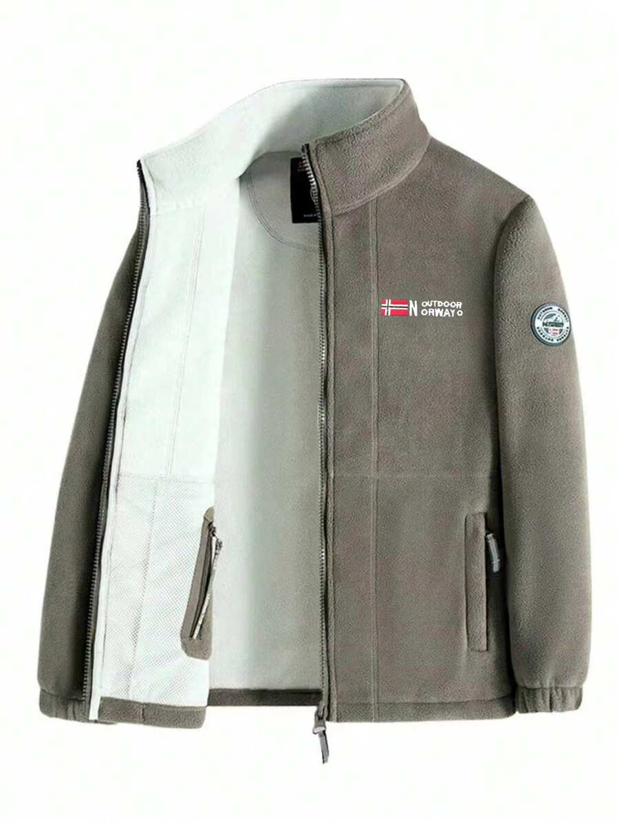 Men's Reversible Fleece Jacket, Warm Thermal Lined, Multi-Pocket Design, Chest And Cuffs With Delicate Embroidered Logo, Wind-Resistant Cuffs, Comfortable To Wear - Khaki - View 1