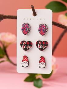 Bộ 3 đôi bông tai hình chú lùn và trái tim dễ thương dành cho Ngày Valentine, bộ trang sức chủ đề đỏ và kẻ caro, món quà lãng mạn dễ thương dành cho nàng. - Bộ khuyên tai hình trái tim - Xem 1