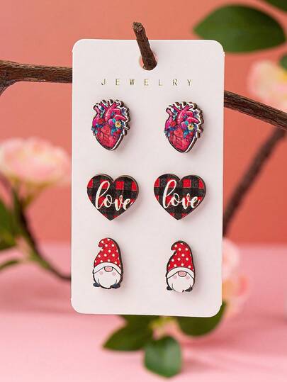 Bộ 3 đôi bông tai hình chú lùn và trái tim dễ thương dành cho Ngày Valentine, bộ trang sức chủ đề đỏ và kẻ caro, món quà lãng mạn dễ thương dành cho nàng.