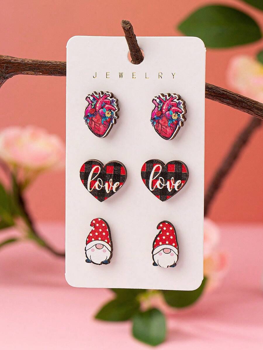 Bộ 3 đôi bông tai hình chú lùn và trái tim dễ thương dành cho Ngày Valentine, bộ trang sức chủ đề đỏ và kẻ caro, món quà lãng mạn dễ thương dành cho nàng. - Bộ khuyên tai hình trái tim - Xem 1