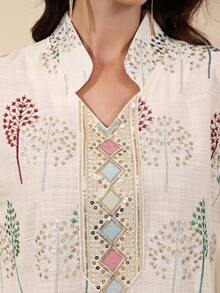 优雅刺绣阿拉伯风格连衣裙，JALABIA 领口拼接刺绣，时尚优雅的2026新款斋月传统服饰 - 白色 - 查看 3