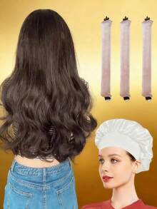 4 Pcs Heatless Hair Curler Set: 1 Wide Satin Shower Cap + 3 No-Heat Curling Rods, Damage-Free Hair Styling Tools - Multicolor - View 4